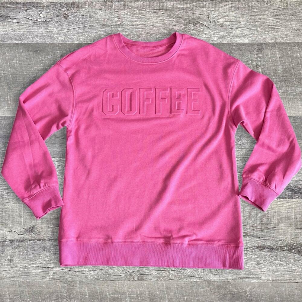 Boutique COFFEE Letter Embossed Sweatshirt NEW Womens L Pink Crewneck Pullover